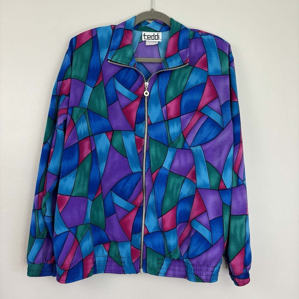 Vintage Multi Color Block Zip Up Jacket Pockets Size Large